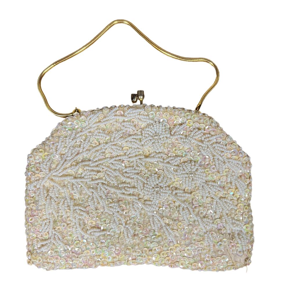 Vintage Richere Ivory Beaded Floral Clutch Purse Evening Bag Made in Hong Kong